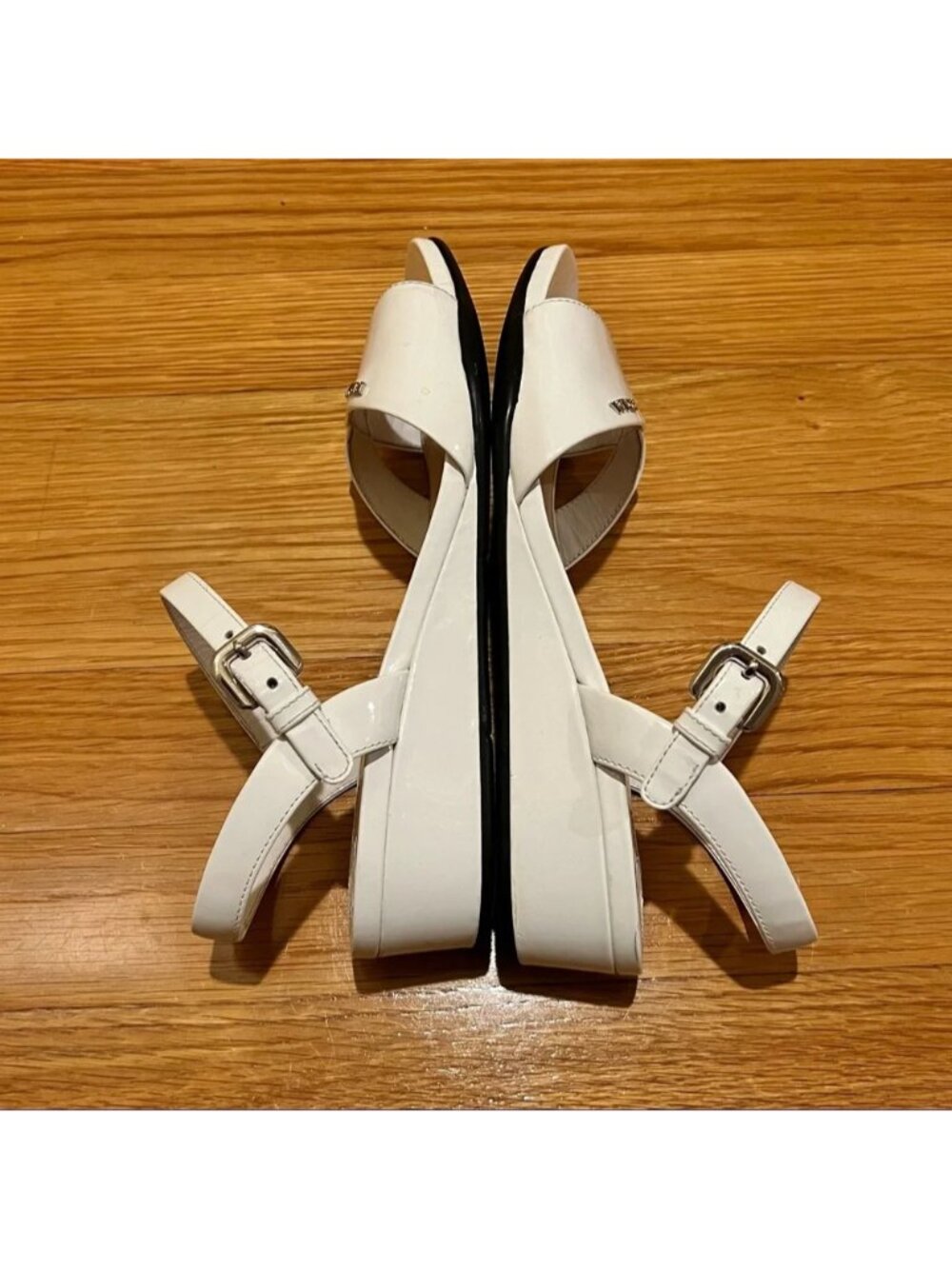 💯 Authentic PRADA White Patent Crisscross Vernice Linea Rossa Wedge Sandals - Picture 7 of 12